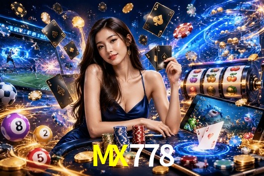 Una escena digital vívida inspirada en casino con MX778 mostrado prominentemente, luces brillantes, fichas, cartas y acentos dorados.