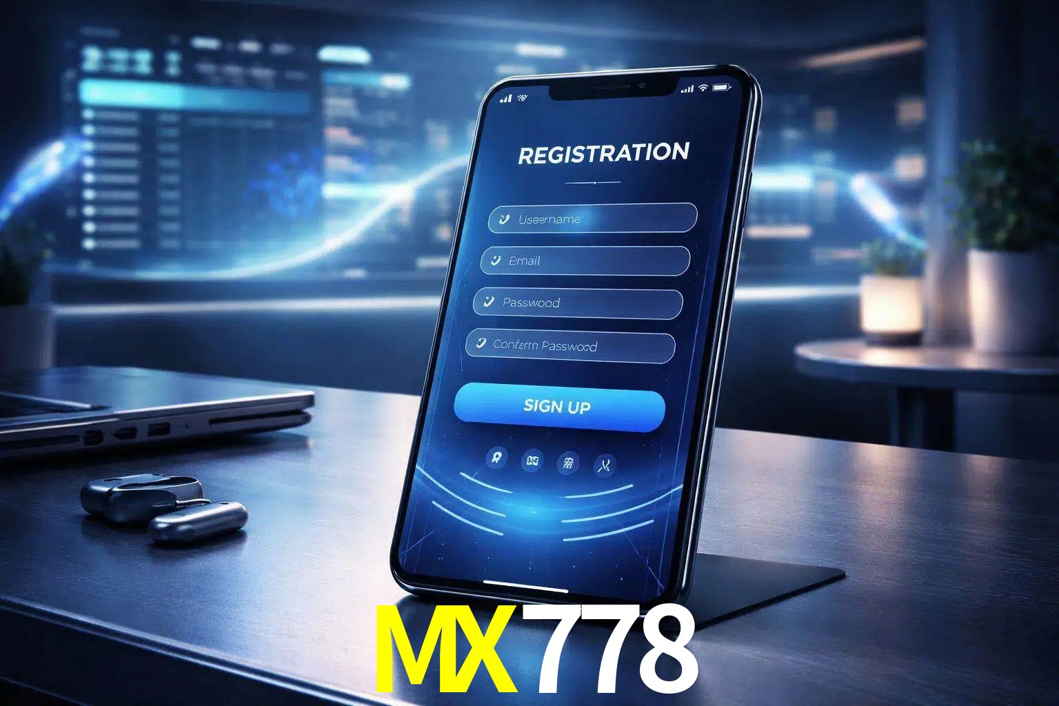 Una interfaz moderna de registro móvil para MX778 mostrada en un smartphone con un panel de apuestas elegante.